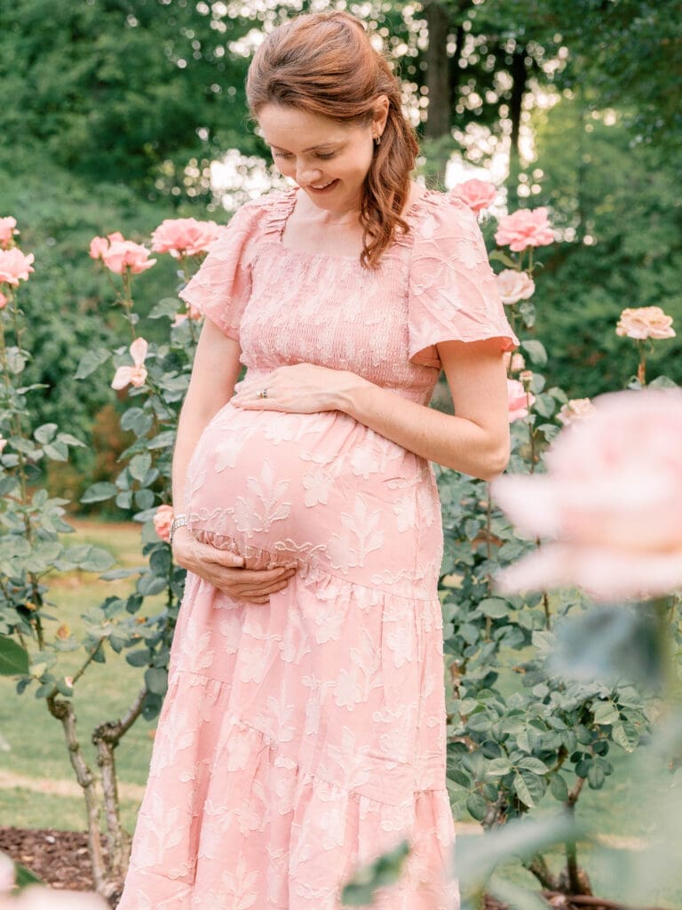 Natural light maternity portrait at the Raleigh Rose Garden in Raleigh, North Carolina